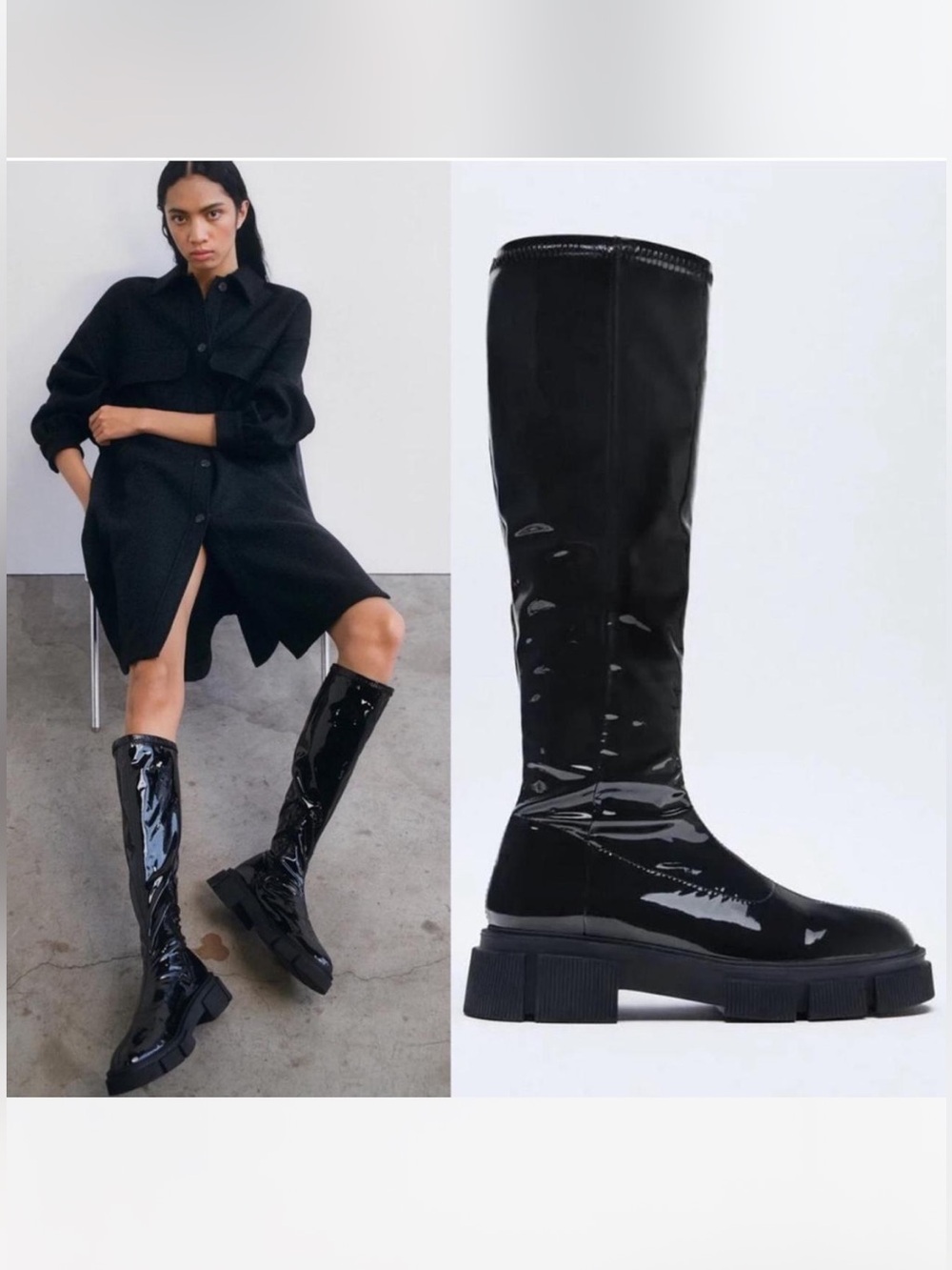 Black Patent Finish Knee-High Boots